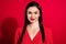 Photo of young classy lady wear red dress isolated on vivid color background