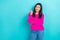 Photo of young confident korean lady wear pink knitted jumper directing finger empty space useful tips promo isolated on