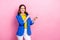 Photo of young entrepreneur business lady wear blue jacket with yellow shirt look fingers indicate empty space sale