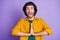 Photo of young excited happy smiling man showing pray gesture ask hope please isolated on purple color background