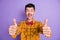 Photo of young excited man happy positive smile show thumb-up cool like perfect advert isolated over purple color