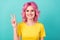 Photo of young funky pink hairdo lady show v-sign wear yellow t-shirt isolated on teal background