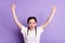 Photo of young girl happy positive smile rejoice win victory fists hands isolated over violet color background