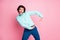 Photo of young handsome multiethnic man happy positive smile have fun enjoy dance isolated over pink color background