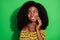 Photo of young happy cheerful stunning gorgeous african woman dreaming smiling  on green color background