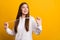 Photo of young happy dreamy positive woman look empty space good mood imagine  on yellow color background