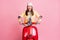 Photo of young happy excited open mouth girl woman female ride red motorbike isolated on pink color background