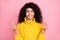 Photo of young latin girl happy positive excited get money profit earnings isolated over pink color background