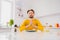 Photo of young man hands together pray grateful thankful for food supper cuisine christianity indoors