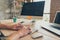 Photo of young man hands typing keyboard coding engineer computer html software system office indoors