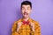 Photo of young man happy positive smile crazy childish tongue-out correct bowtie isolated over purple color background