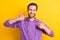 Photo of young man happy positive smile show thumbs-up like perfect fine ad isolated over yellow color background