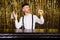 Photo of young man unhappy upset angry clean clear glass barman waiter formalwear isolated over glitter color background