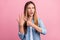 Photo of young pretty woman indicate finger questioned ring marriage isolated over pink color background
