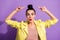 Photo of young shocked excited amazed beautiful girl woman showing gesture point finger at hairstyle bun isolated on
