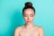 Photo of young stunning calm peaceful dreamy woman wear no clothes with closed eyes isolated on turquoise color