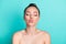 Photo of young stunning gorgeous dreamy girl kiss you wear no clothes natural beauty isolated on teal color background