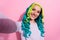 Photo of young stunning lady with vibrant hair take selfie shooting lifestyle video vlog  on pink color