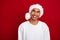 Photo of young toothy beaming smiling dreaming wear christmas saint nicholas headwear looking empty space advert