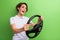 Photo of young woman brown hair crazy driver holding steering wheel fast porsche 911 automobile emotions isolated on