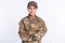 Photo of young woman confident soldier army officer crossed hands uniform isolated over white color background