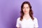 Photo of young woman dreamy imagination look empty space promotion isolated over violet color background