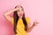 Photo of young woman excited crazy have fun playful show point finger you look empty space  over pastel color