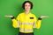 Photo of young woman firefighter happy positive smile hold hands solution product promo offer isolated over green color