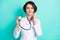 Photo of young woman happy positive smile hold stethoscope listen doctor disease isolated over teal color background