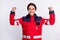 Photo of young woman happy positive smile paramedic first aid show hand power hero isolated over white color background