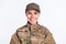 Photo of young woman happy positive smile soldier army wear camouflage uniform isolated over white color background