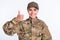 Photo of young woman happy positive smile soldier army wear uniform show thumb-up like cool isolated over white color