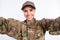 Photo of young woman happy positive smile soldier make selfie uniform isolated over white color background