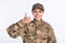 Photo of young woman happy positive smile soldier officer army show thumb-up like cool advert isolated over white color