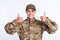 Photo of young woman happy smile soldier army officer show thumb-up like cool advert advice isolated over white color