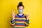 Photo of young woman wear medical mask protection prevention virus gesture cool peace v-sign isolated over yellow color