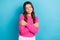 Photo of youngster teen school girl curly brown hair wear new fresh pink jumper closed eyes dreaming isolated on pastel