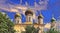 Photoart pictures of old towers of ancient orthodox church of Pereslavl - Zalesskiy in summer