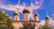 Photoart pictures of old towers of ancient orthodox church of Pereslavl - Zalesskiy in summer