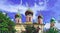 Photoart pictures of old towers of ancient orthodox church of Pereslavl - Zalesskiy in summer