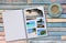 Photobook Album with Travel Photo on Wooden Floor Table with Coffee or Tea in Cup