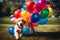 A Photograph: Capture the pure joy of a playful puppy, surrounded by a vibrant bouquet of rainbow-hued balloons against a clear