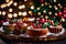 A Photograph that captures the essence of festive indulgence: A decadent display of Christmas cakes adorned with intricate sugary