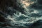 This photograph captures a painting depicting a tumultuous storm in the ocean, with crashing waves and dark, swirling clouds, The