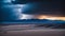 The photograph captures the stark beauty of a nocturnal desert, illuminated solely by the dramatic flashes of lightning that cut