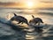 A photograph capturing dolphins frolicking in the ocean waves during the sunrise