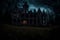 A photograph capturing the eerie ambiance of a haunted abode, cloaked in darkness. Elements include a spooky castle, sinister