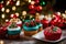 A Photograph capturing the festive cheer, close-up on delectable Christmas mini cakes