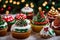 A Photograph capturing the festive cheer, close-up on delectable Christmas mini cakes adorned with intricate sugar designs and