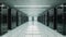 A photograph capturing a long hallway filled with rows of black and white servers, Minimalist data center with cool, contemporary